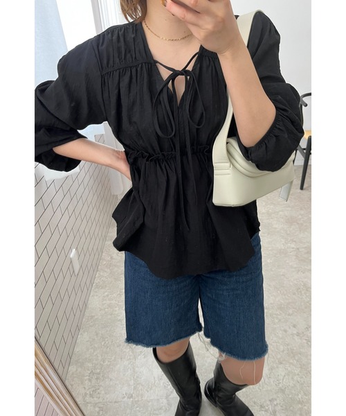 palm RICHE（ポームリシュ）の「ギャザーポイントブラウス（シャツ/ブラウス・レディース・ブラック/オフホワイト・M）」の19枚目の写真