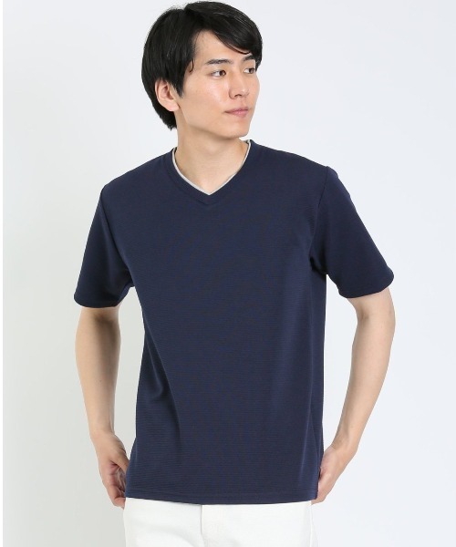 m.f.editorial（エムエフエディトリアル）の「【ストレッチ】m.f.エディトリアル メンズ ドライリップル Vネック半袖Tシャツ（Tシャツ/カットソー・メンズ・ネイビー/ホワイト/ブルー・X-LARGE/MEDIUM/LARGE）」の3枚目の写真