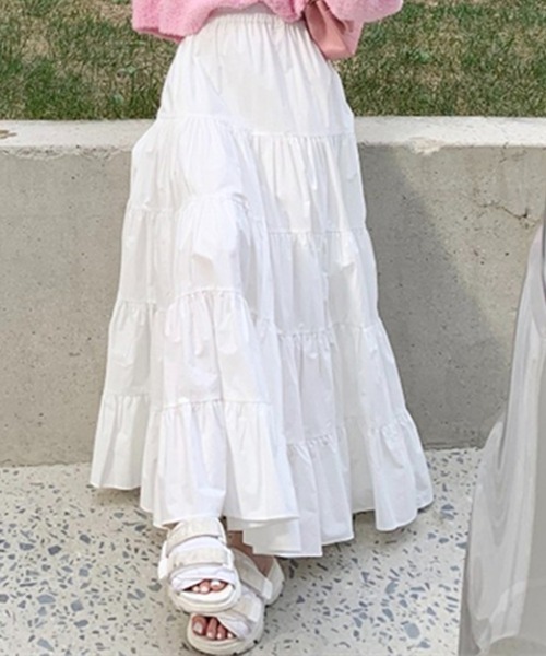 DAY CLOSET（デイ クローゼット）の「【きれいめ ふんわりシルエット。】ティアード ロング フレア スカート レディース（スカート・レディース・ホワイト/ブラック/カーキ/ベージュ系その他/ブラウン/ベージュ・ONE SIZE）」の7枚目の写真