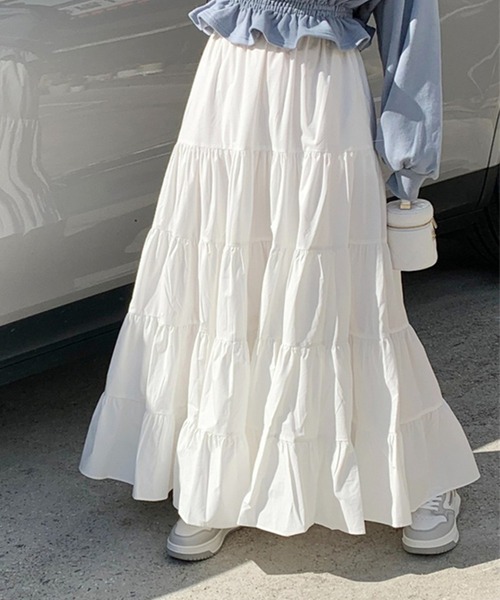 DAY CLOSET（デイ クローゼット）の「【きれいめ ふんわりシルエット。】ティアード ロング フレア スカート レディース（スカート・レディース・ホワイト/ブラック/カーキ/ベージュ系その他/ブラウン/ベージュ・ONE SIZE）」の10枚目の写真