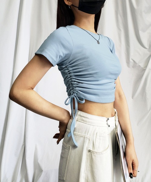 me+em select(ミームセレクト)の「【 8color / 3size 】サイドシャーリングリボンショート半袖Tシャツ(Tシャツ/カットソー・レディース・グレー/ホワイト/ブラック/ブルー/チャコール/スモークピンク/パープル/モカ・MEDIUM/SMALL/LARGE)」の13枚目の写真