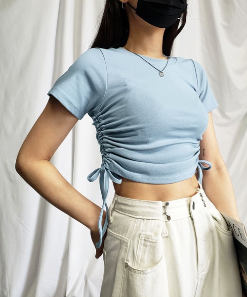 me+em select(ミームセレクト)の「【 8color / 3size 】サイドシャーリングリボンショート半袖Tシャツ(Tシャツ/カットソー・レディース・グレー/ホワイト/ブラック/ブルー/チャコール/スモークピンク/パープル/モカ・MEDIUM/SMALL/LARGE)」の10枚目の写真