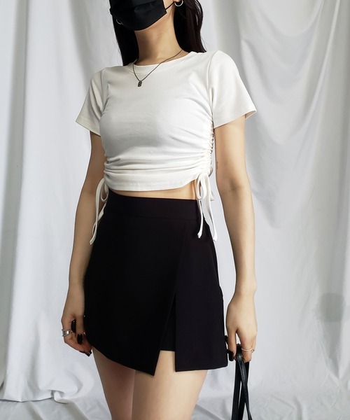 me+em select(ミームセレクト)の「【 8color / 3size 】サイドシャーリングリボンショート半袖Tシャツ(Tシャツ/カットソー・レディース・グレー/ホワイト/ブラック/ブルー/チャコール/スモークピンク/パープル/モカ・MEDIUM/SMALL/LARGE)」の17枚目の写真