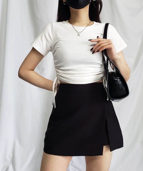 me+em select(ミームセレクト)の「【 8color / 3size 】サイドシャーリングリボンショート半袖Tシャツ(Tシャツ/カットソー・レディース・グレー/ホワイト/ブラック/ブルー/チャコール/スモークピンク/パープル/モカ・MEDIUM/SMALL/LARGE)」の18枚目の写真