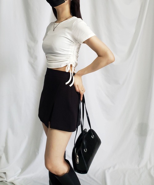 me+em select(ミームセレクト)の「【 8color / 3size 】サイドシャーリングリボンショート半袖Tシャツ(Tシャツ/カットソー・レディース・グレー/ホワイト/ブラック/ブルー/チャコール/スモークピンク/パープル/モカ・MEDIUM/SMALL/LARGE)」の19枚目の写真