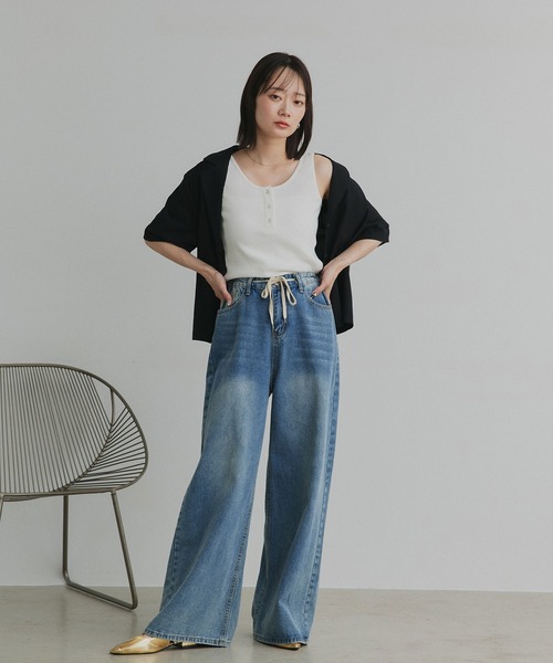 ad thie(アドティエ)の「前ボタン ヘンリー タンクトップ(タンクトップ・レディース・オフホワイト/ラベンダー/グリーン/アイボリー/ブラック/ライトブルー/ミント/グレー・FREE)」の9枚目の写真