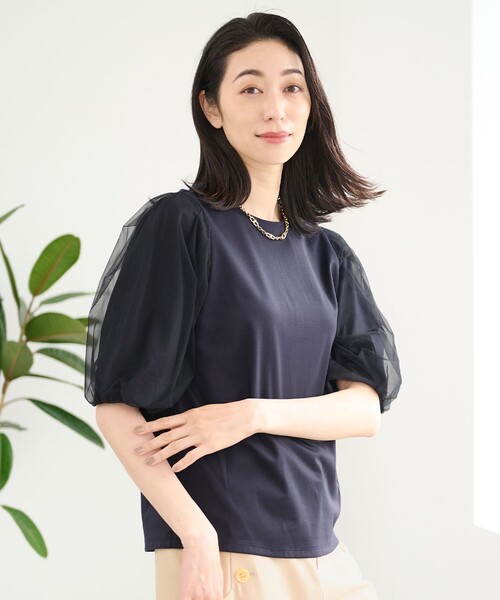 【セール】【洗える・XSサイズあり】シアーコンビパフスリーブ カットソー（Tシャツ/カットソー）｜自由区（ジユウク）