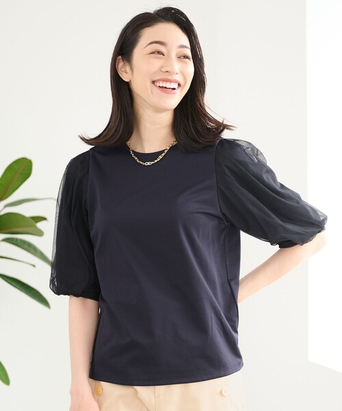 tシャツ 「洗える・XSサイズあり」シアーコンビパフスリーブ カットソー レディース セール】【洗える・XSサイズあり】シアーコンビパフスリーブ