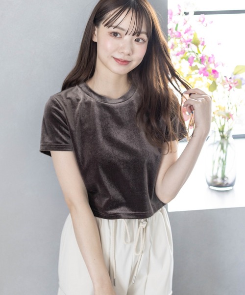 clear(クリア)の「ベロアチビTシャツ (Tシャツ/カットソー・レディース・アイボリー/チャコールグレー/ブルー/ピンク/ベージュ・F)」の3枚目の写真