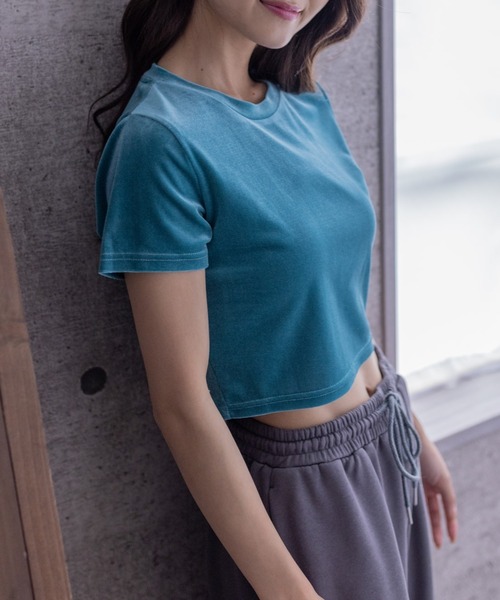 clear(クリア)の「ベロアチビTシャツ (Tシャツ/カットソー・レディース・アイボリー/チャコールグレー/ブルー/ピンク/ベージュ・F)」の1枚目の写真