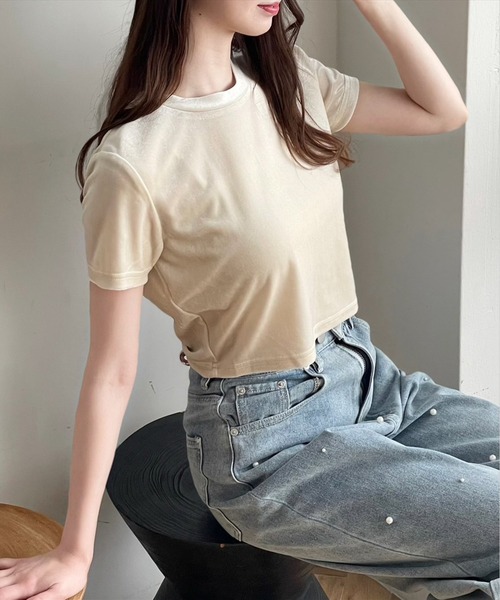 clear(クリア)の「ベロアチビTシャツ (Tシャツ/カットソー・レディース・アイボリー/チャコールグレー/ブルー/ピンク/ベージュ・F)」の2枚目の写真