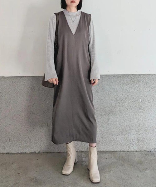 H.TOKYO（エイチトウキョウ）の「Vネックマキシ丈ジャンパースカート（ジャンパースカート・レディース・グリーン/グレー/パープル/ベージュ/ブラック・LARGE/MEDIUM）」の3枚目の写真