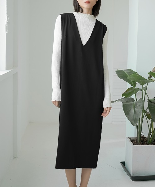 H.TOKYO（エイチトウキョウ）の「Vネックマキシ丈ジャンパースカート（ジャンパースカート・レディース・グリーン/グレー/パープル/ベージュ/ブラック・LARGE/MEDIUM）」の7枚目の写真