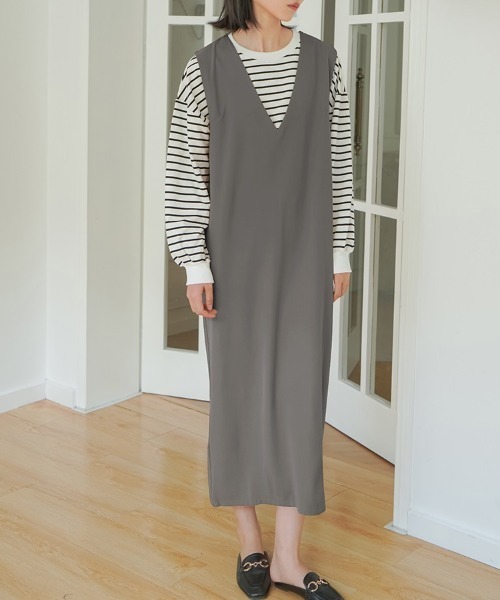 H.TOKYO（エイチトウキョウ）の「Vネックマキシ丈ジャンパースカート（ジャンパースカート・レディース・グリーン/グレー/パープル/ベージュ/ブラック・LARGE/MEDIUM）」の8枚目の写真