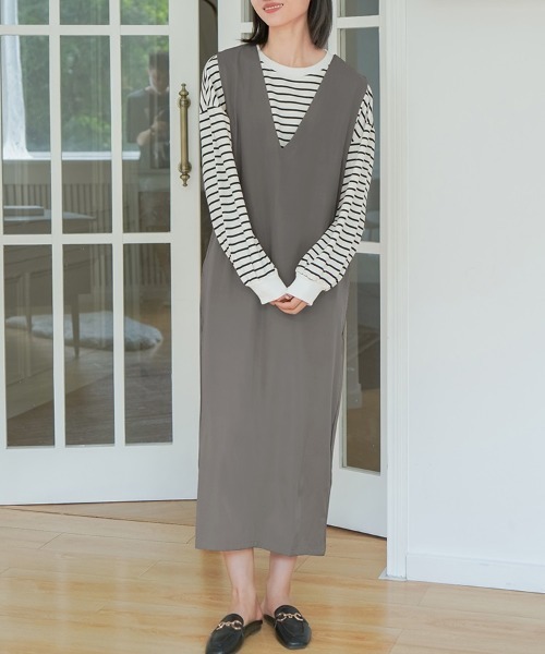 H.TOKYO（エイチトウキョウ）の「Vネックマキシ丈ジャンパースカート（ジャンパースカート・レディース・グリーン/グレー/パープル/ベージュ/ブラック・LARGE/MEDIUM）」の9枚目の写真