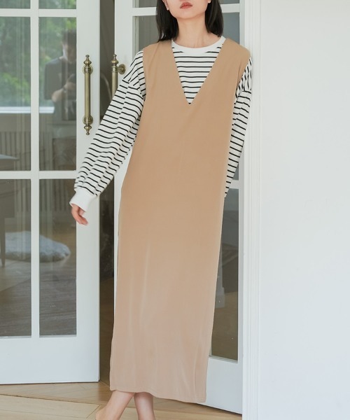 H.TOKYO（エイチトウキョウ）の「Vネックマキシ丈ジャンパースカート（ジャンパースカート・レディース・グリーン/グレー/パープル/ベージュ/ブラック・LARGE/MEDIUM）」の13枚目の写真