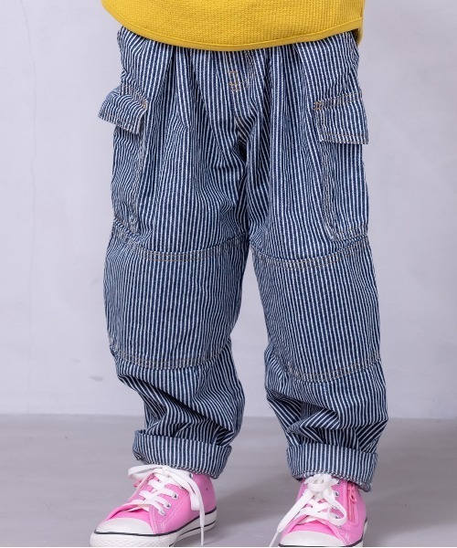 Life Support Products（ライフサポートプロダクツ）の「【COTTON from U.S.A】デニムカーゴパンツ/ダブルニー（90～160cm）（デニムパンツ・キッズ・ネイビー/キナリ/ストライプ・90/95/100/110/120/130/140/150/160）」の3枚目の写真