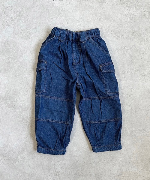 Life Support Products（ライフサポートプロダクツ）の「【COTTON from U.S.A】デニムカーゴパンツ/ダブルニー（90～160cm）（デニムパンツ・キッズ・ネイビー/キナリ/ストライプ・90/95/100/110/120/130/140/150/160）」の9枚目の写真