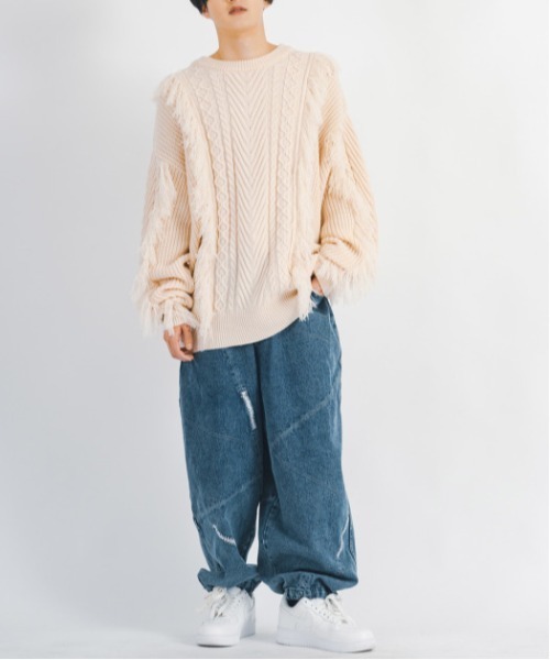 セール】Cute fringe wide knit sweater / 可愛いフリンジニット