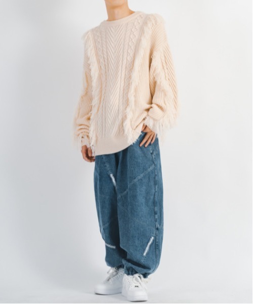 RE730(アールイーセブンサーティー)の「Cute fringe wide knit sweater / 可愛いフリンジニットセーター(ニット/セーター・メンズ・オレンジ/アイボリー/ブラック・L/M)」の11枚目の写真