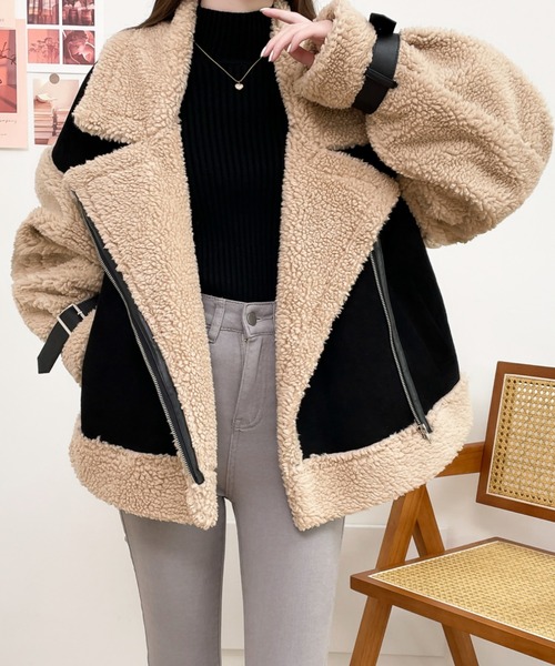 ABITOKYO（アビトーキョー）の「ボアフェイクムートンライダースジャケットブルゾン（ムートンコート・レディース・ブラック/ベージュ/モカ・M/L）」の8枚目の写真