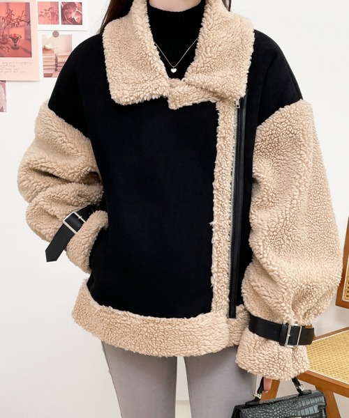 ABITOKYO（アビトーキョー）の「ボアフェイクムートンライダースジャケットブルゾン（ムートンコート・レディース・ブラック/ベージュ/モカ・M/L）」の21枚目の写真