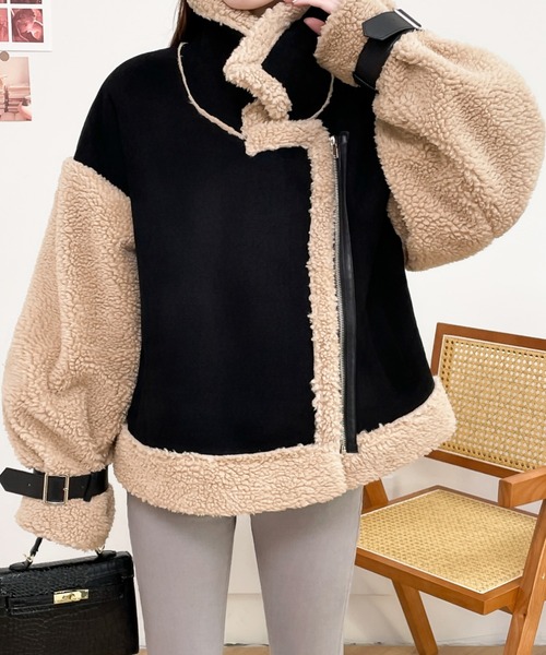 ABITOKYO（アビトーキョー）の「ボアフェイクムートンライダースジャケットブルゾン（ムートンコート・レディース・ブラック/ベージュ/モカ・M/L）」の9枚目の写真