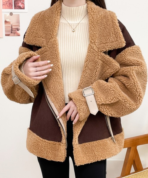 ABITOKYO（アビトーキョー）の「ボアフェイクムートンライダースジャケットブルゾン（ムートンコート・レディース・ブラック/ベージュ/モカ・M/L）」の22枚目の写真