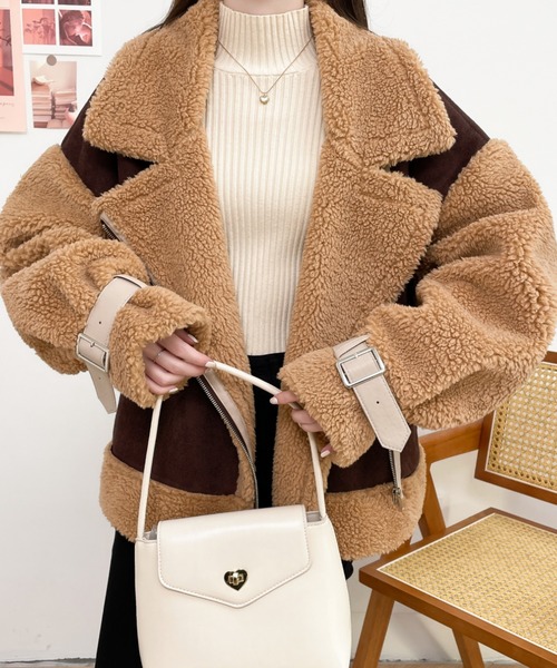 ABITOKYO（アビトーキョー）の「ボアフェイクムートンライダースジャケットブルゾン（ムートンコート・レディース・ブラック/ベージュ/モカ・M/L）」の14枚目の写真