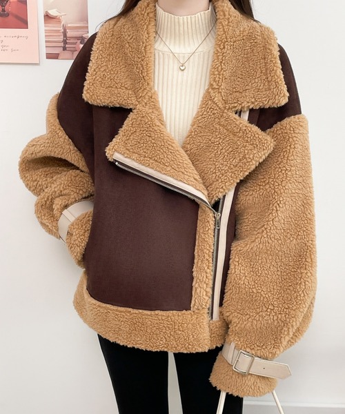 ABITOKYO（アビトーキョー）の「ボアフェイクムートンライダースジャケットブルゾン（ムートンコート・レディース・ブラック/ベージュ/モカ・M/L）」の18枚目の写真