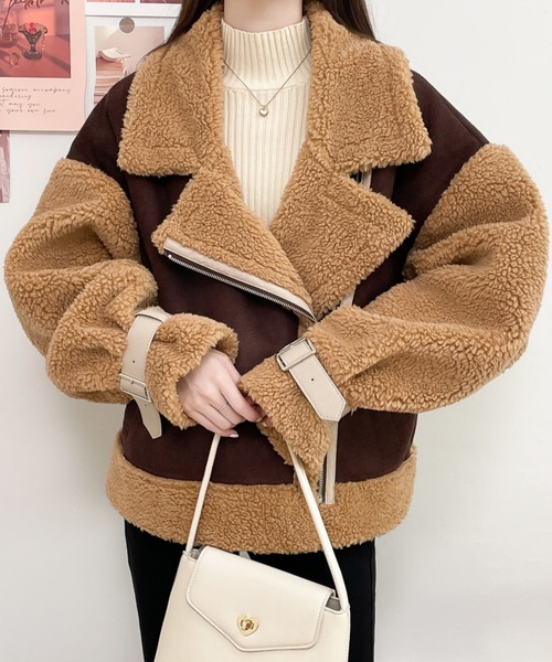 ABITOKYO（アビトーキョー）の「ボアフェイクムートンライダースジャケットブルゾン（ムートンコート・レディース・ブラック/ベージュ/モカ・M/L）」の10枚目の写真