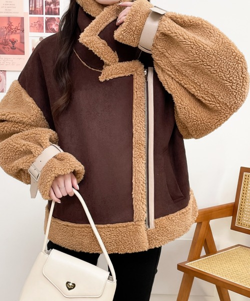 ABITOKYO（アビトーキョー）の「ボアフェイクムートンライダースジャケットブルゾン（ムートンコート・レディース・ブラック/ベージュ/モカ・M/L）」の6枚目の写真