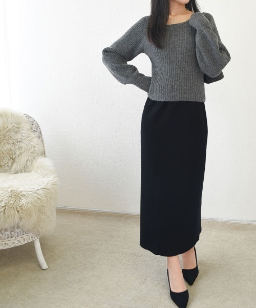 セール】スクエアネック パフスリーブ リブニット（ニット/セーター