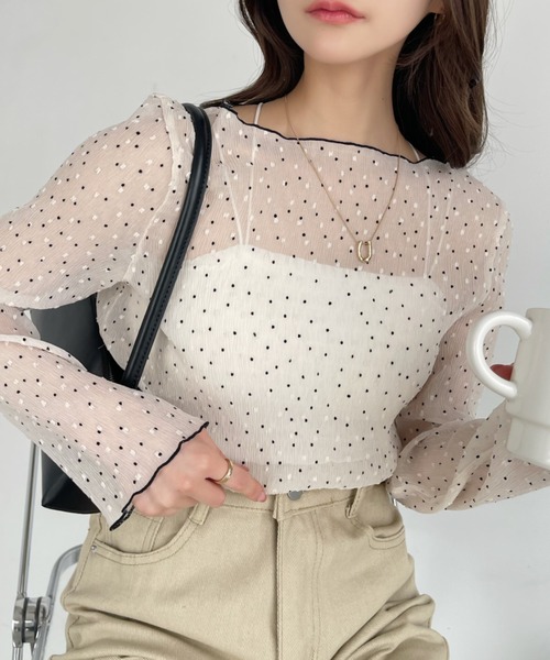 Eclat one(エクラワン)の「シアー ドット ジャガード 長袖 トップス(Tシャツ/カットソー・レディース・オフホワイト/ブラック・FREE)」の8枚目の写真