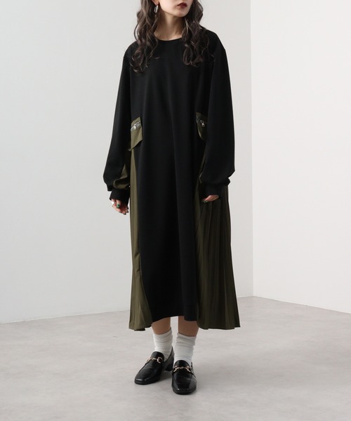 A.N.L（エーエヌエル　レーベル）の「A.N.L サイドプリーツ裏毛ワンピース（ワンピース・レディース・ブラック/グレー・38）」の2枚目の写真