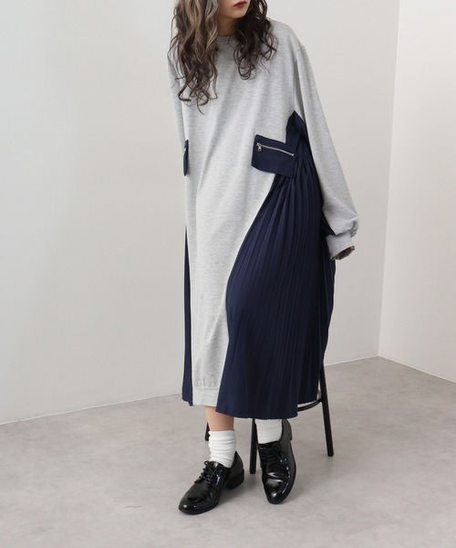 A.N.L（エーエヌエル　レーベル）の「A.N.L サイドプリーツ裏毛ワンピース（ワンピース・レディース・ブラック/グレー・38）」の7枚目の写真