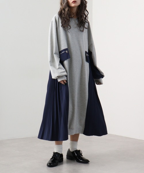 A.N.L（エーエヌエル　レーベル）の「A.N.L サイドプリーツ裏毛ワンピース（ワンピース・レディース・ブラック/グレー・38）」の8枚目の写真