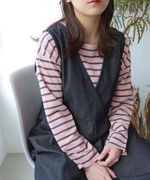 Crisp(クリスプ)の「ボートネックボーダーTシャツ(Tシャツ/カットソー・レディース・グリーン/ピンク/チャコール/ブラック・FREE)」の4枚目の写真