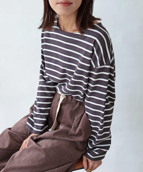 Crisp(クリスプ)の「ボートネックボーダーTシャツ(Tシャツ/カットソー・レディース・グリーン/ピンク/チャコール/ブラック・FREE)」の7枚目の写真