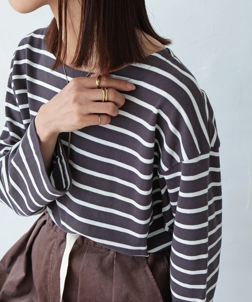Crisp(クリスプ)の「ボートネックボーダーTシャツ(Tシャツ/カットソー・レディース・グリーン/ピンク/チャコール/ブラック・FREE)」の8枚目の写真