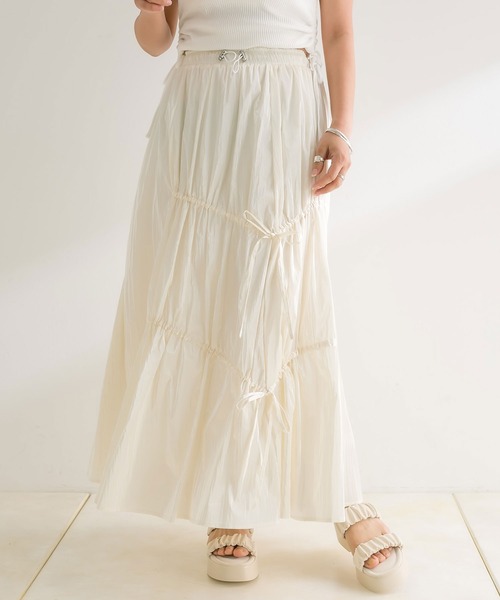 OLIVE des OLIVE（オリーブデオリーブ）の「【WEB限定】アシメリボンドロストロングスカート　1041010240（スカート・レディース・ブラック/オフホワイト/シルバー・FREE）」の2枚目の写真