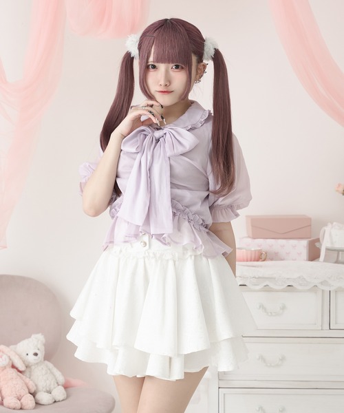 Pal elfy(パルエルフィー)の「シャーリングリボンブラウス(シャツ/ブラウス・レディース・パープル/オフホワイト/ブラック・フリー)」の1枚目の写真
