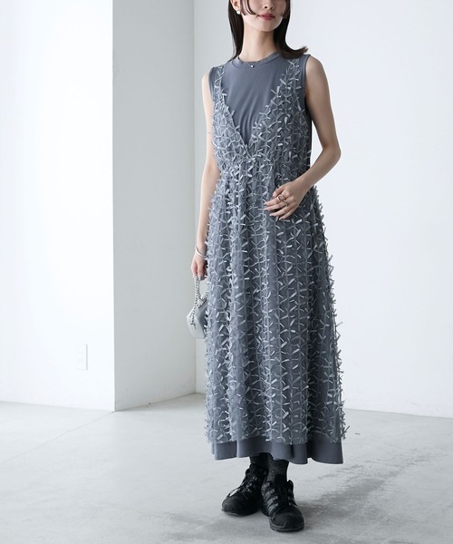 【美品】トゥモローランド　EDITION 　ノースリーブワンピース　リボン付き ギャザー切り替え リボン付き ノースリーブワンピース【JM1295BD
