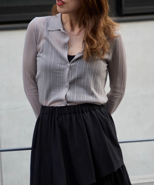 TRIANGLE PALETTE（トライアングルパレット）の「シアーポロニット プルオーバー（ニット/セーター・レディース・ブラック/アイボリー/グレー・FREE）」の3枚目の写真