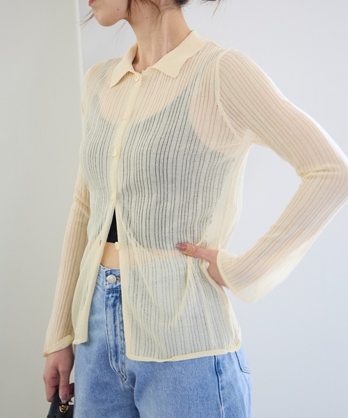 TRIANGLE PALETTE（トライアングルパレット）の「シアーポロニット プルオーバー（ニット/セーター・レディース・ブラック/アイボリー/グレー・FREE）」の6枚目の写真