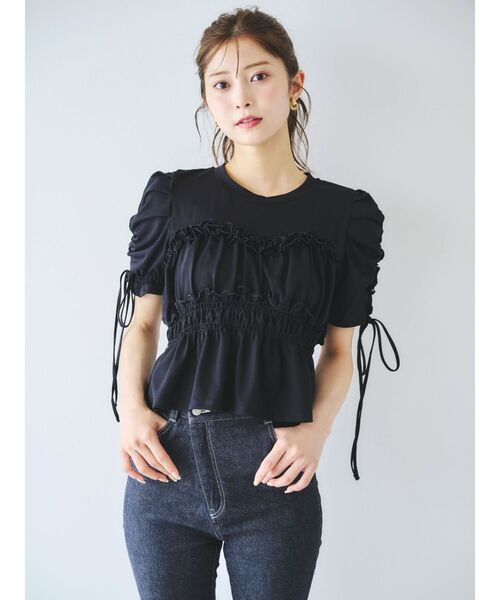 dazzlin(ダズリン)の「フリルギャザーデザインTシャツ(Tシャツ/カットソー・レディース・ピンク/ブラック/オフホワイト・FREE)」の5枚目の写真