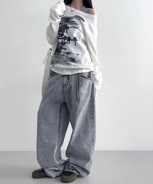 MEMECLE(メメクル)の「【 MEMECLE / メメクル 】2way グラフィック ボートネック オフショル カットソー(Tシャツ/カットソー・レディース・ブルー/ホワイト・M/S)」の10枚目の写真