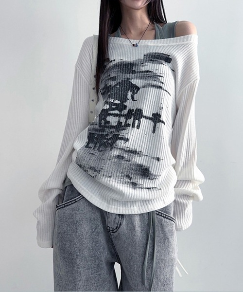 MEMECLE(メメクル)の「【 MEMECLE / メメクル 】2way グラフィック ボートネック オフショル カットソー(Tシャツ/カットソー・レディース・ブルー/ホワイト・M/S)」の15枚目の写真