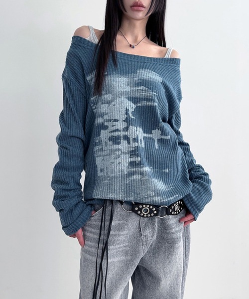 MEMECLE(メメクル)の「【 MEMECLE / メメクル 】2way グラフィック ボートネック オフショル カットソー(Tシャツ/カットソー・レディース・ブルー/ホワイト・M/S)」の13枚目の写真