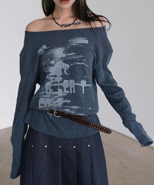 MEMECLE(メメクル)の「【 MEMECLE / メメクル 】2way グラフィック ボートネック オフショル カットソー(Tシャツ/カットソー・レディース・ブルー/ホワイト・M/S)」の4枚目の写真